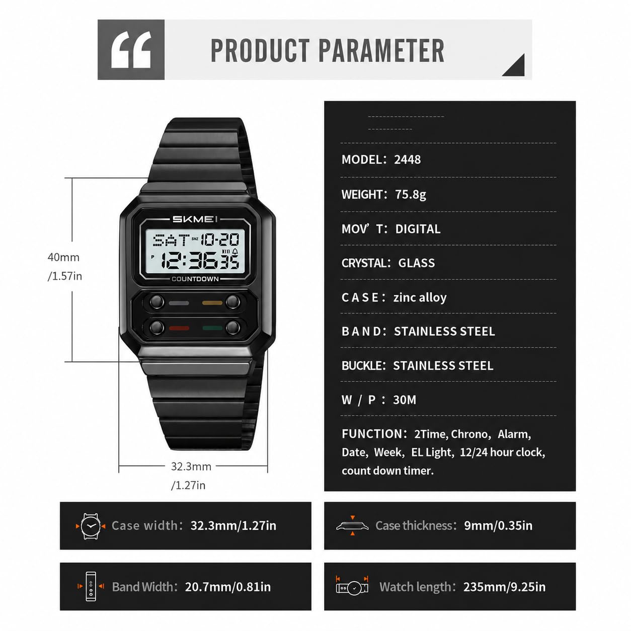 Gosasa Orologio digitale da uomo, stile retrò, quadrato, in acciaio inox
