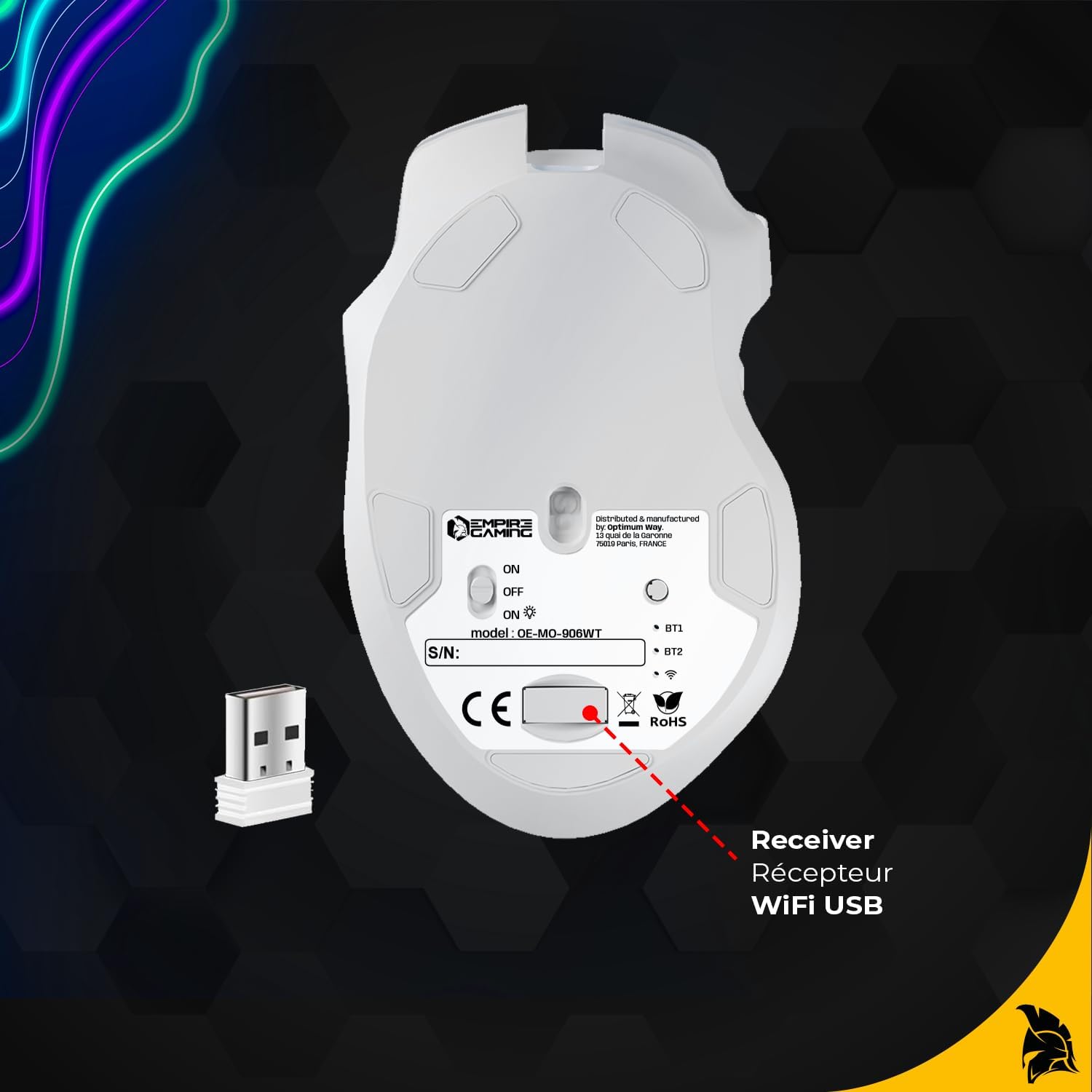 Фронт view of EMPIRE GAMING RF906 mouse showing USB-C port