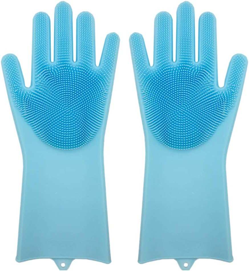 Magic Saksak Reusable Silicone Gloves with Wash Scrubber (13.6" Large, 1Pair), Heat Resistant, for Cleaning, Household, Dish Washing, Washing The Car (Blue)