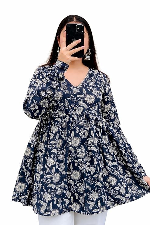 Women's Floral Printed Tunic Top, Pink, V-Neck, Long Sleeve, Flared Hem, for Casual Wear-picture-13