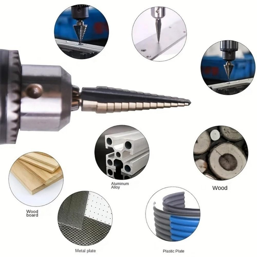 5 szt. wierteł stopniowych, prostych, do otworów w kształcie pagody, wierteł stożkowych do metalu, otwieraczy do otworów w aluminiowym pudełku, narzędzie do wiercenia w metalu, 5 szt., z pudełkiem