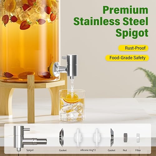 Miniatura 3 de Dispensador de bebidas de vidrio de 1.2 galones para fiestas, dispensador de bebidas con soporte de madera de bambú y grifo de acero inoxidable,