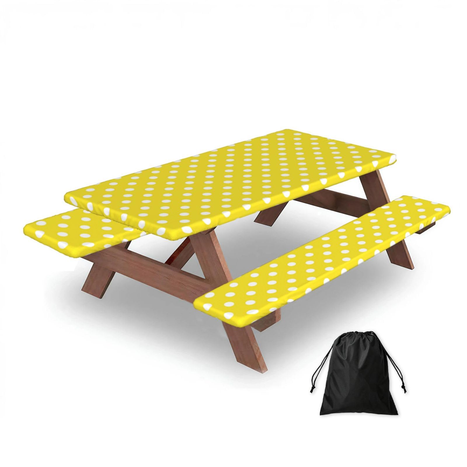 Dopklna As Picture White Polka Dot Yellow, Picnic Table Cover With Bench Covers -Waterproof Elastic Fitted Tablecloth For Garden Camping Patio 76X152cm
