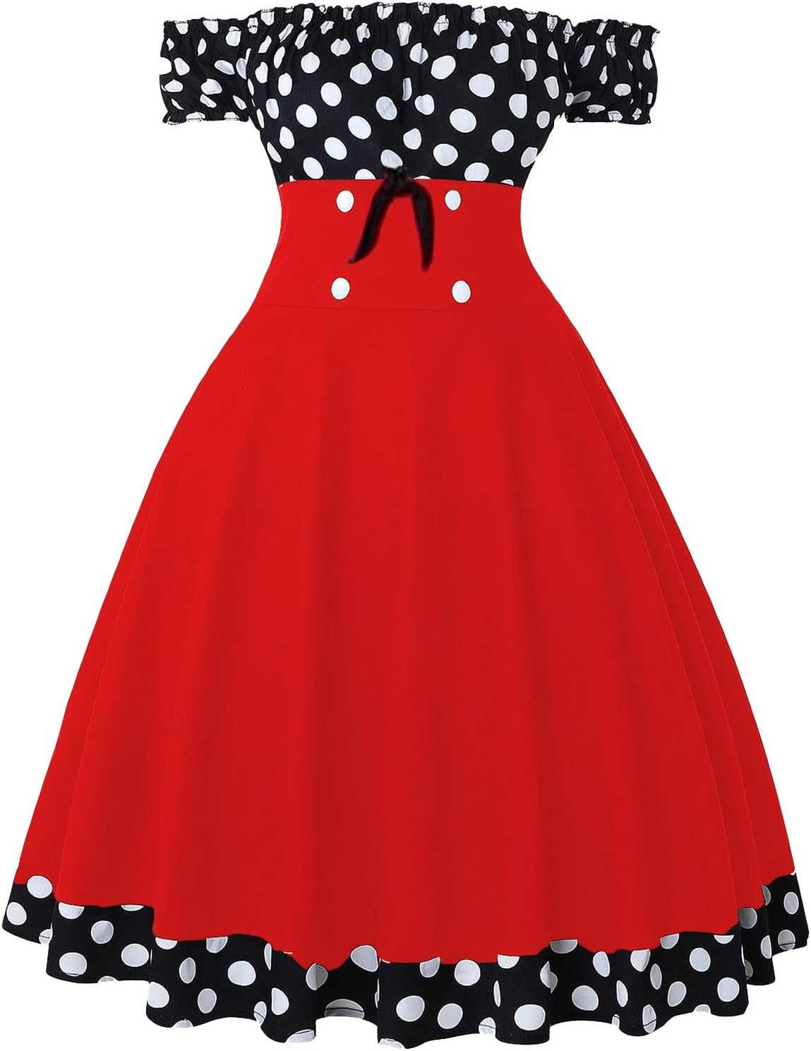 Women 50s 60s Retro Rockabilly Swing Dress Off Shoulder Cocktail Party Tea Dresses A-line Polka Dot Midi Dresses