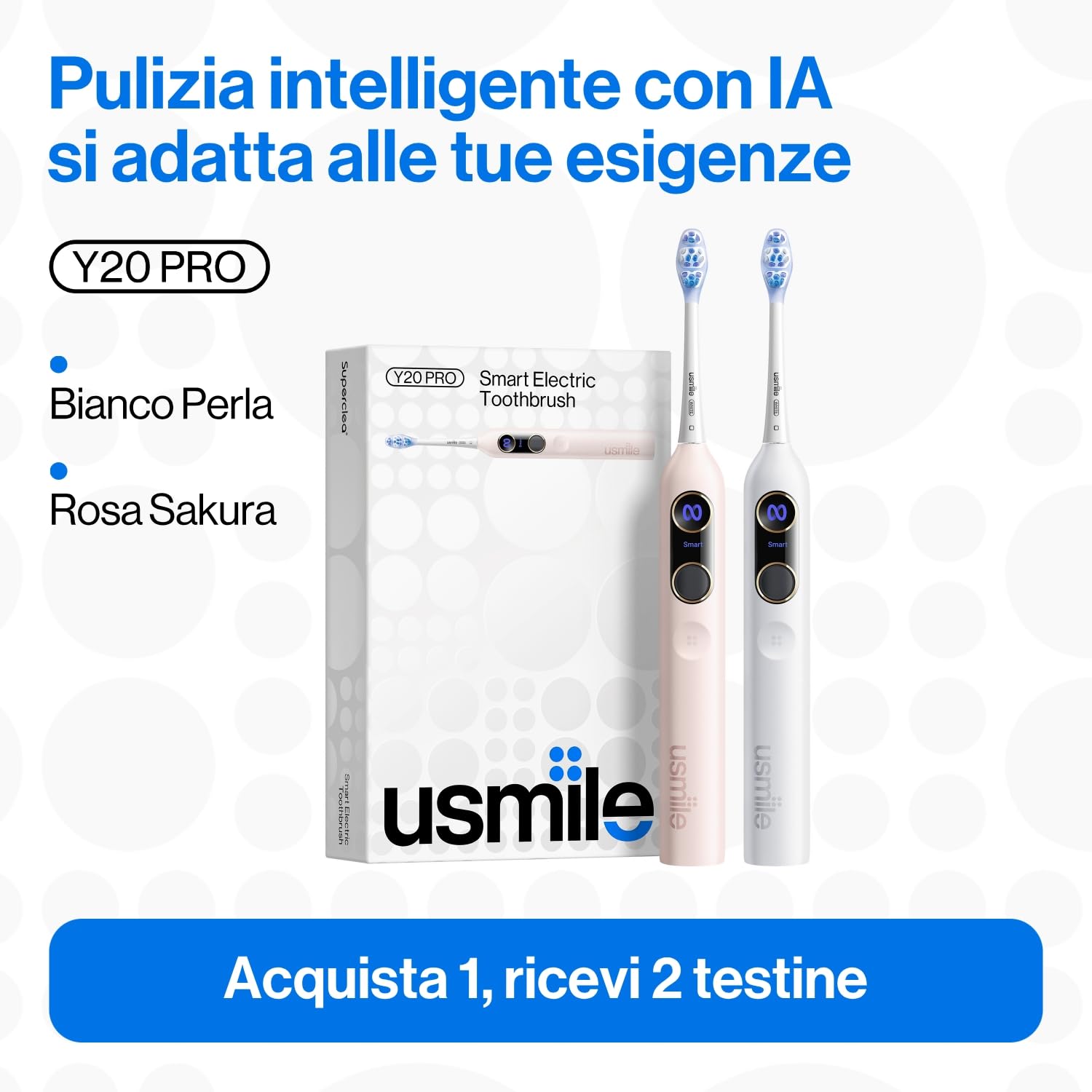 usmile Y20PRO Spazzolino Elettrico, Spazzolino Intelligente Alimentato da IA con Modalità Automatica AM/PM, 4 Modalità di Spazzolatura, Batteria da 90 Giorni, Controllo App, Mappa 3D in Tempo Reale, 2