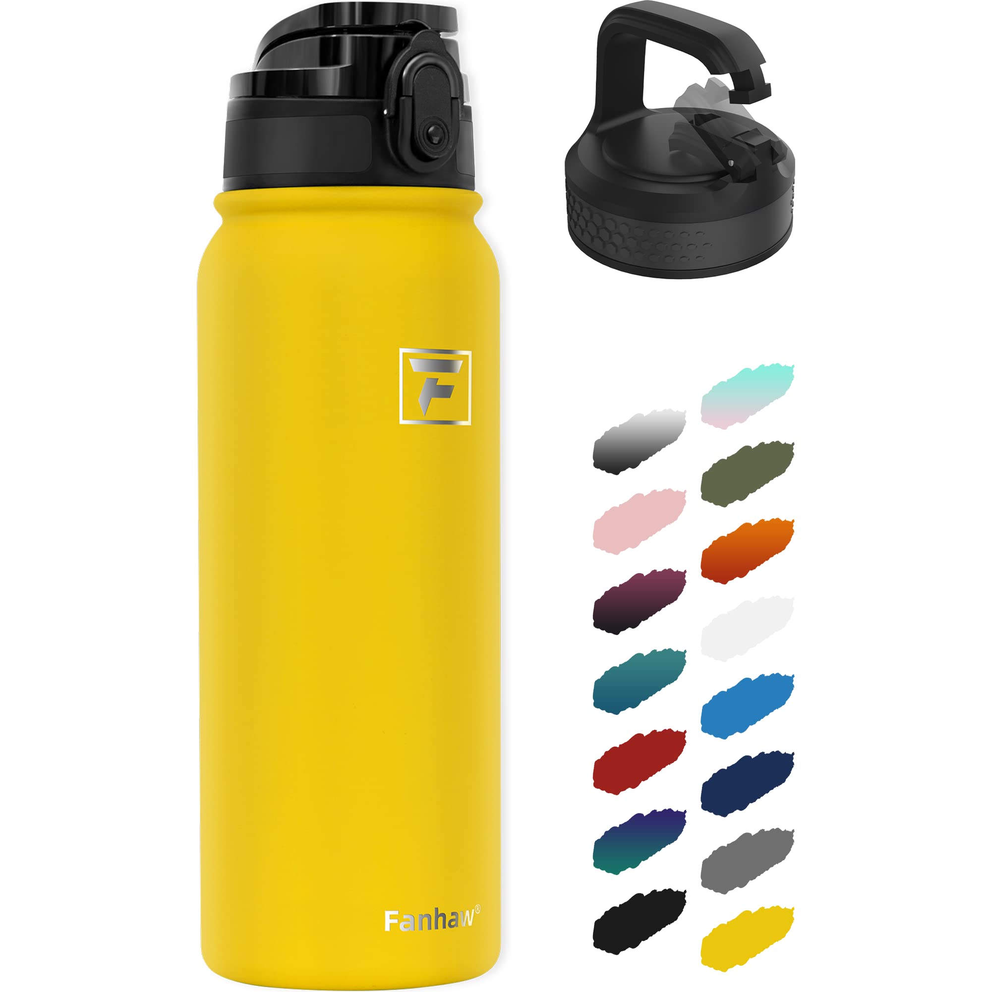 Fanhaw 600ml Insulated Stainless Steel Water Bottle with 2 Lids - Leak & Sweat Proof with Anti-Dust Lid (Yellow)