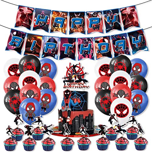 QICI Miles Morales Birthday Party Supplies Spiderman Theme Party Decorations for Kids Boys Include Happy Birthday Banner, Cake Topper, 12 Cupcake Toppers and 16 Latex Balloons