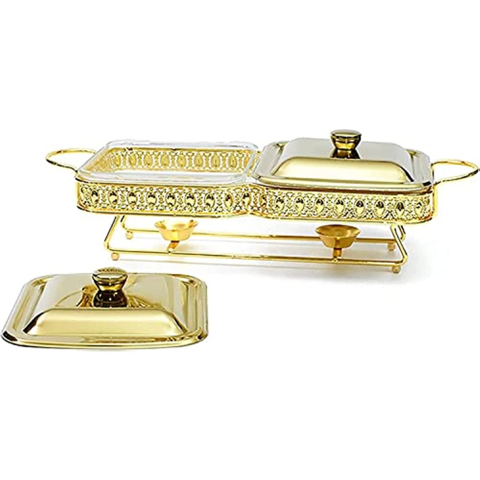 Chafing Dish Quadrato in Acciaio Inox, Set per scaldavivande, Buffet e Catering, con teglia per Alimenti, Coperchio, Supporto Solido e Contenitore per combustibile.，Silver