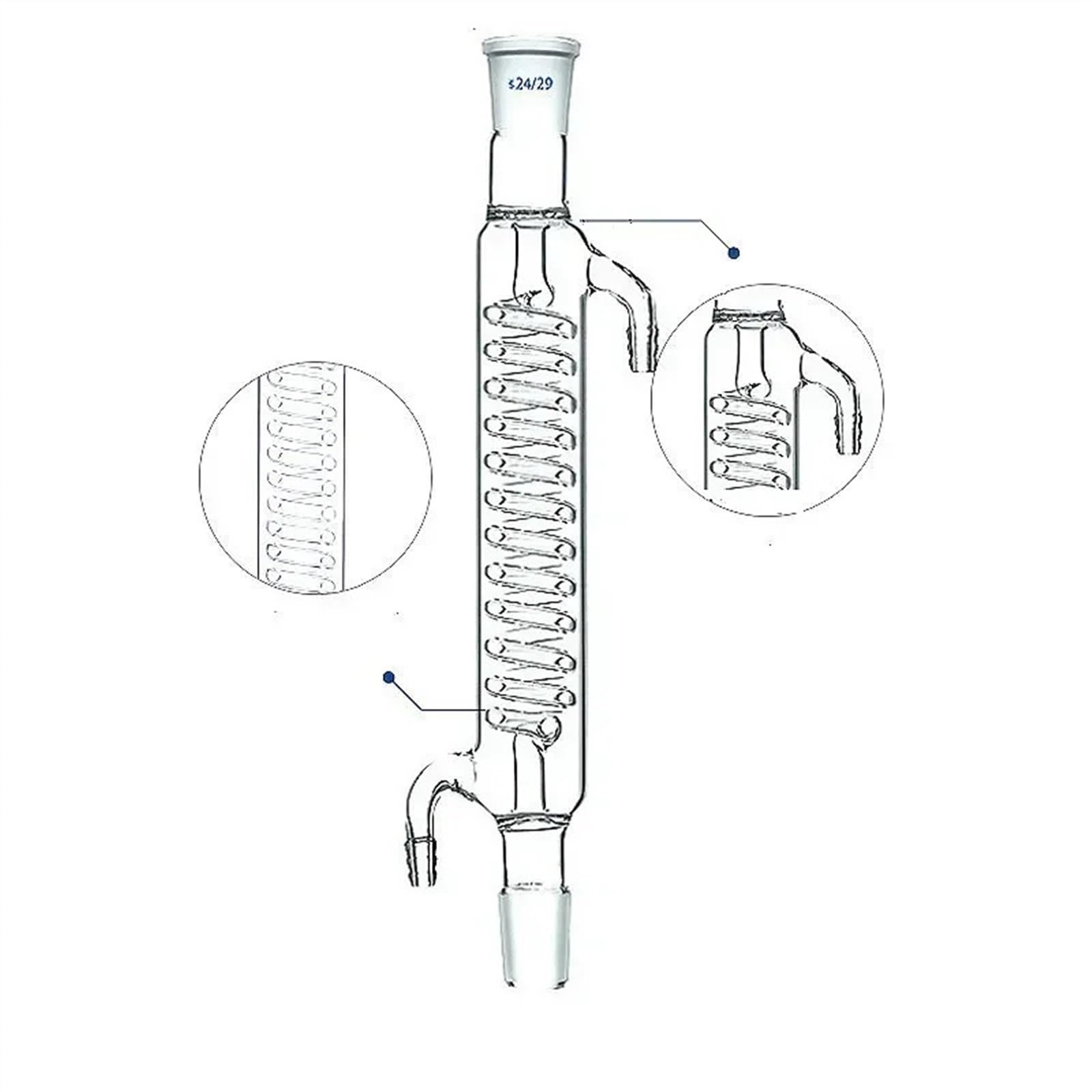 Serpentinenkondensator, Laborglas-Kondensator, geeignet for vertikale Destillation oder Reflux-Gerät, Außendurchmesser 35 mm, Öffnung 24 mm (Size : Length 400 mm)