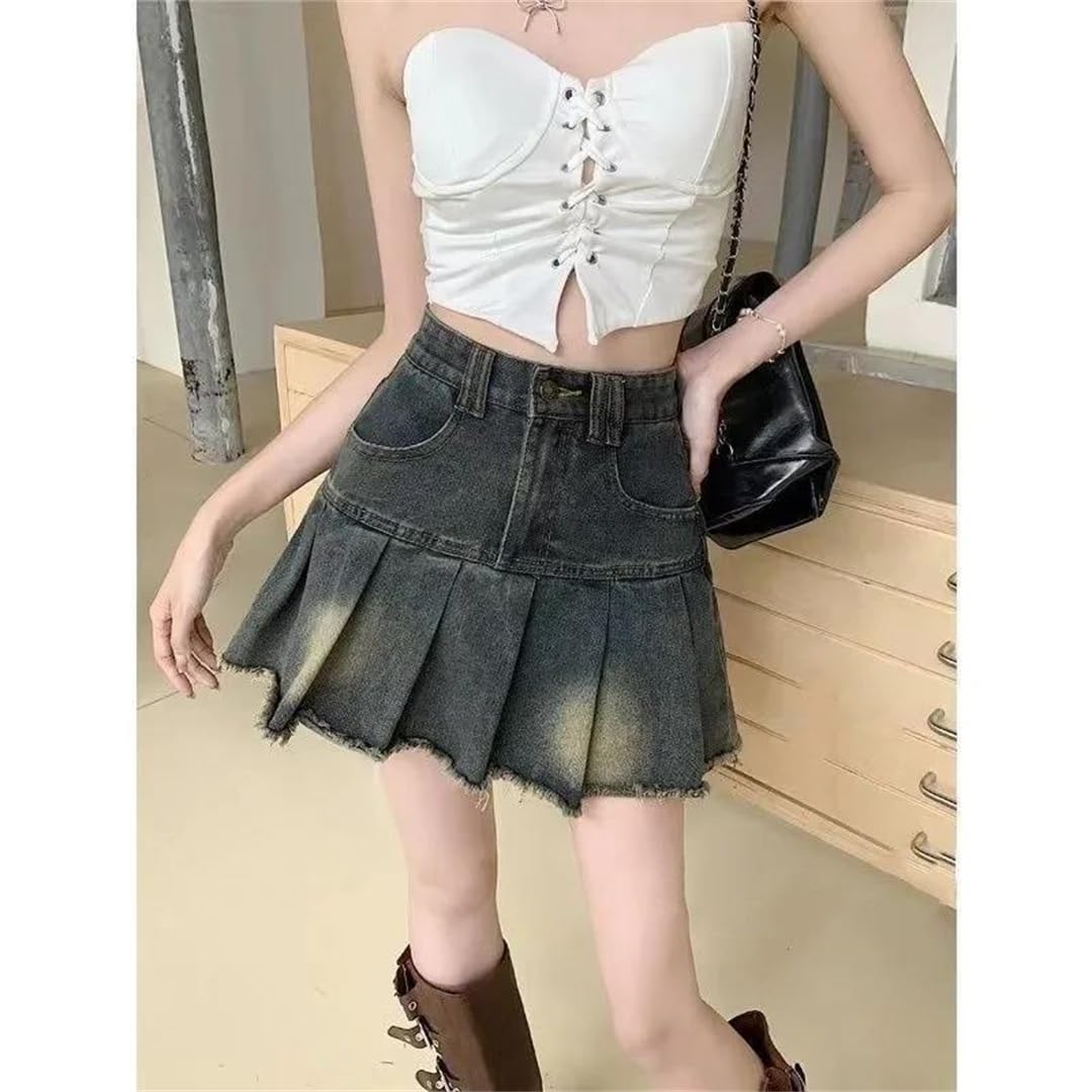 Gonna da donna vintage a vita alta, in denim, linea A, mini gonna aderente con frange