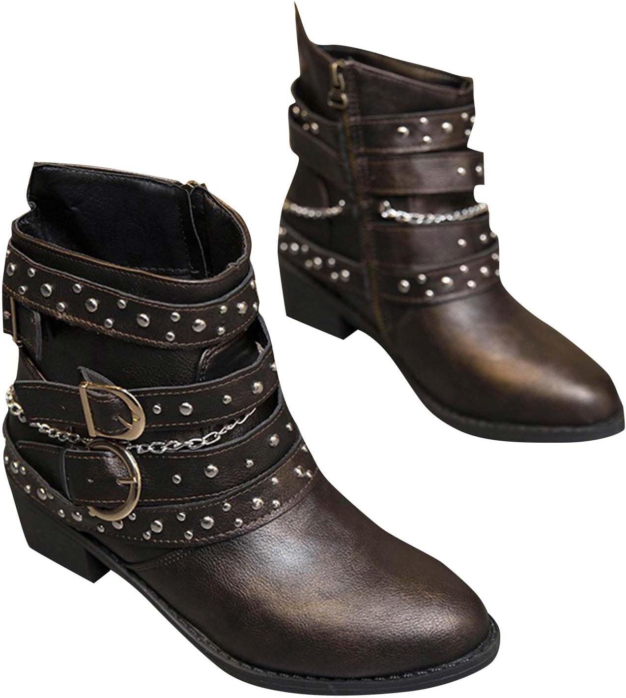 Women's Rhinestone Buckle Ankle Boots Chunky Heel Leather Boots Side Zipper Vintage Ankle Booties for Ladies