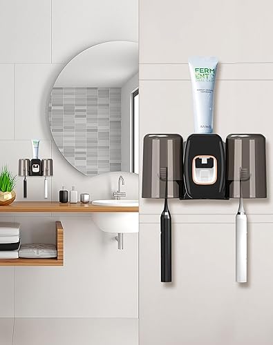 Miniatura 6 de Dispensador de pasta de dientes con soporte para cepillo de dientes, exprimidor automático de pasta de dientes, 2 tazas, soporte para cepillos de
