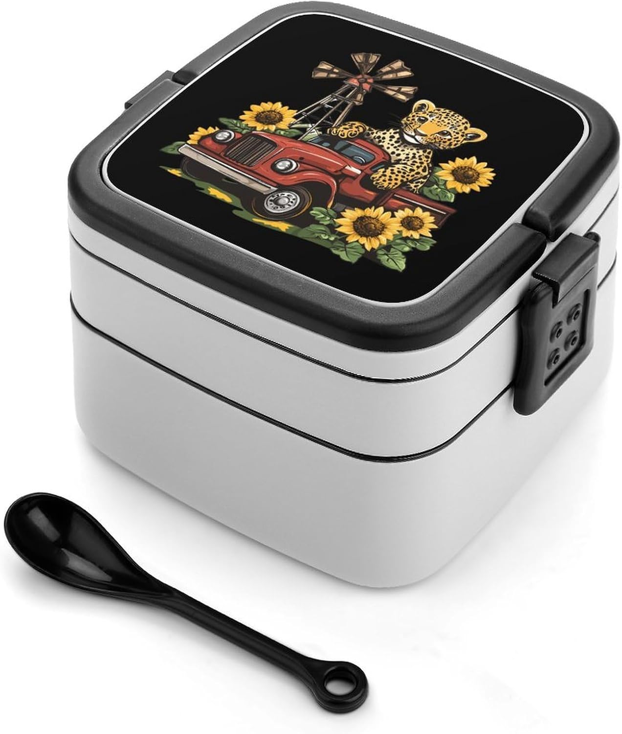 Leopard Truck Sunflower Windmill Bento Box with Spoon 2 Layer Food Container Cute Lunch Box for Travel Dining Work
