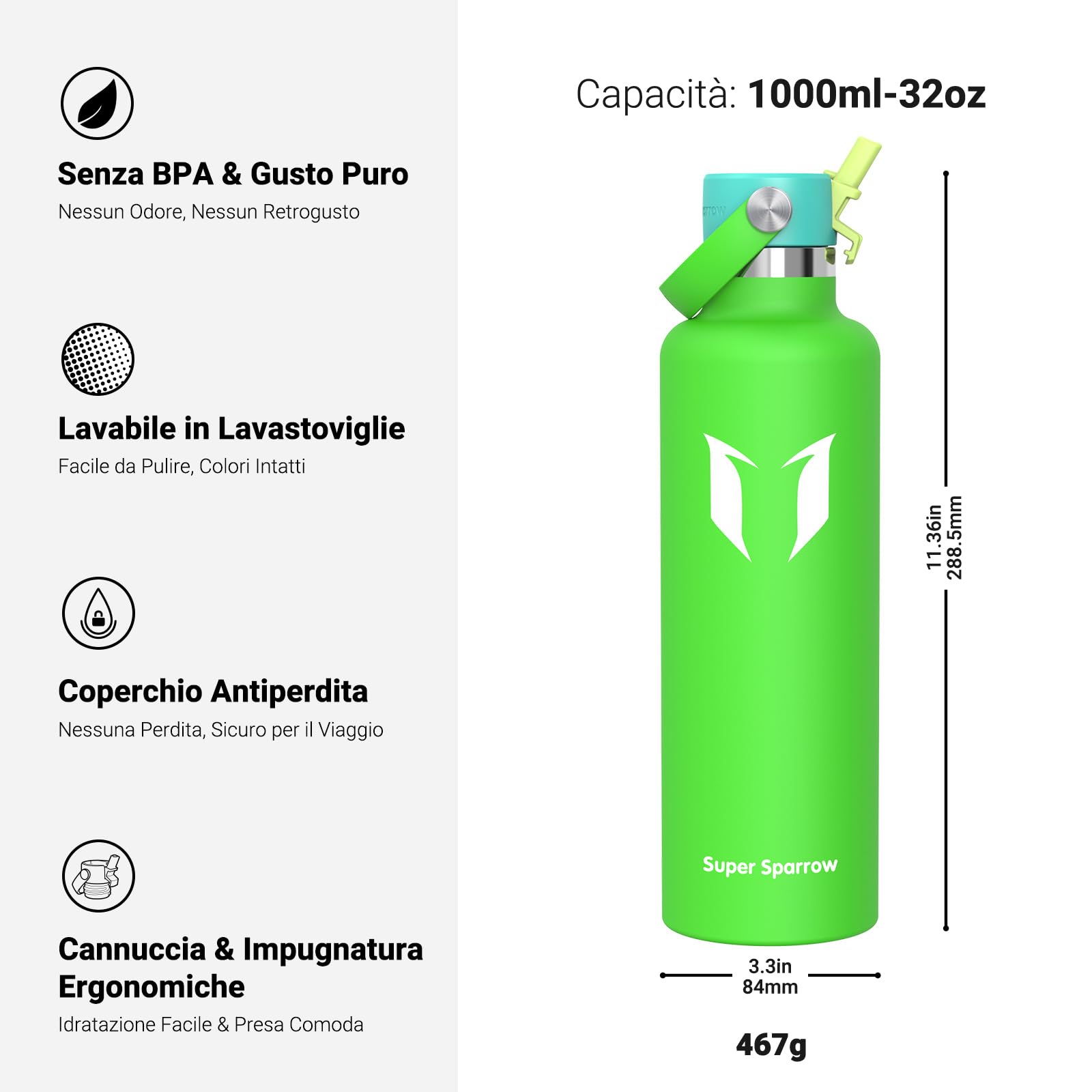 Super Sparrow Borraccia Termica, Acciaio Inox Bottiglia Termica - 350ml, 500ml, 750ml, 1L - Senza BPA Borracce, Borraccia Bambini per Scuola, Sport, Campeggio, Yoga, Palestra, Ciclismo