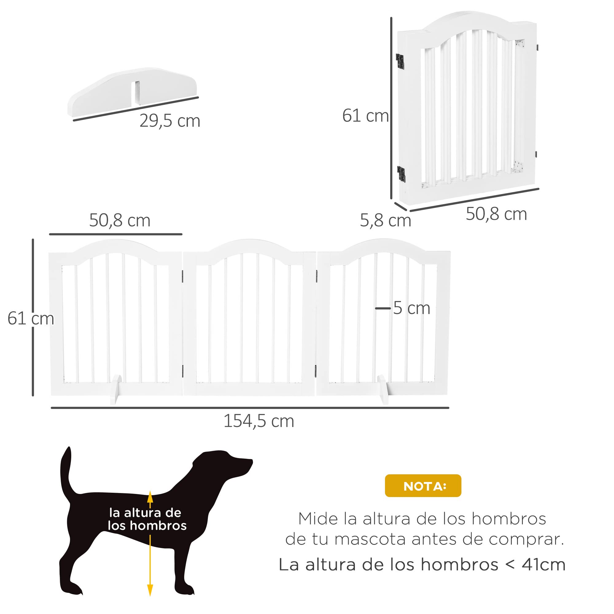PawHut Barrera de Seguridad para Perros Pequeños Plegable 154,5x61 cm Barrera para Perros en Casa de 3 Paneles con Patas Anchos para Escaleras Pasillos Blanco