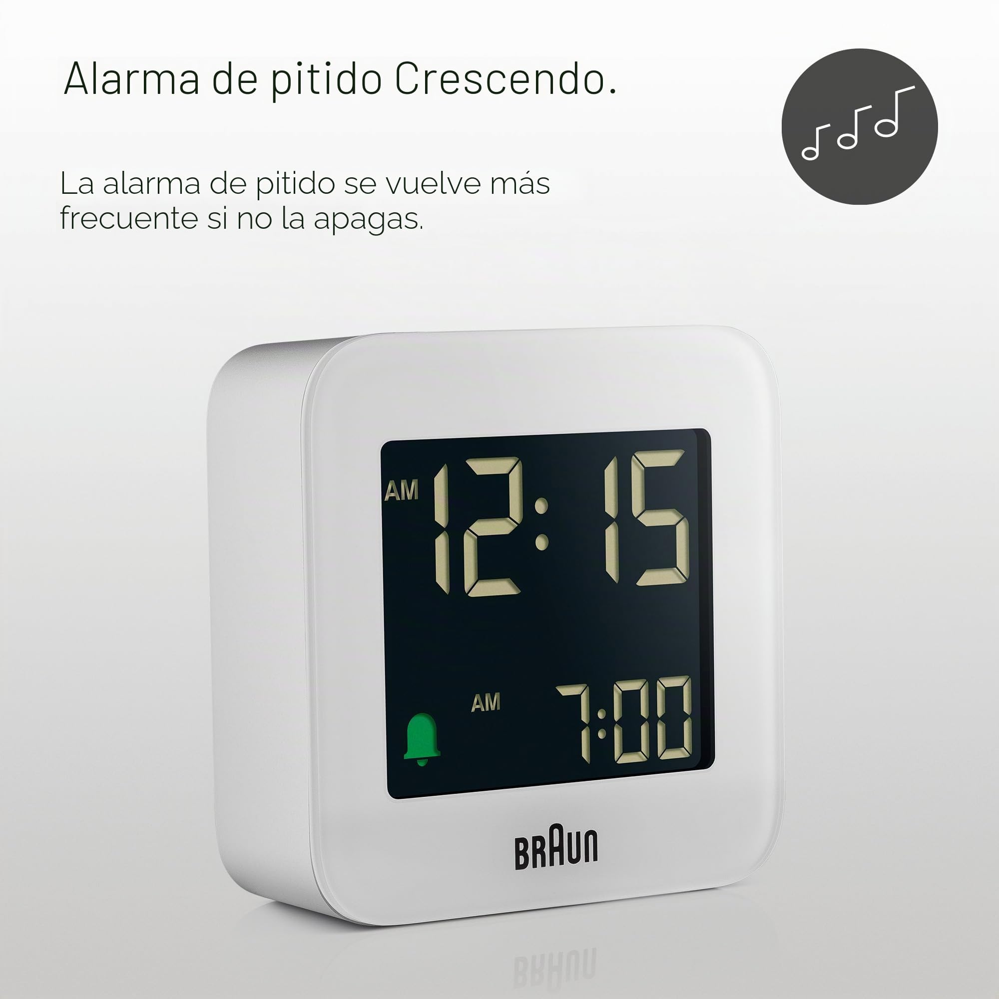 Braun Reloj Despertador de Viaje Digital función repetición, tamaño Compacto, Pantalla LCD Negativa, configuración rápida, Alarma por pitido en Crescendo en Blanco, Modelo BC08W.