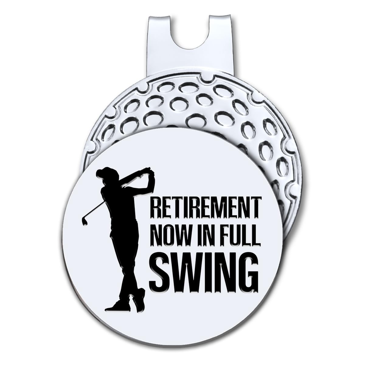 Hafhue Retirement Now in Full Swing Golf Ball Marker with Magnetic Hat Clip, Funny Golf Accessories and Golf Gift for Men Women Dad Grandma Grandpa,