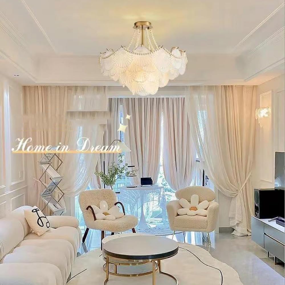 Lámpara de araña de Cristal Esmerilado Dorado de 20" - Diseño Art Déco de Perlas y Conchas Marinas, lámpara de Techo semiempotrada Grande de 4 Niveles, Estilo nórdico Moderno, Colgante para