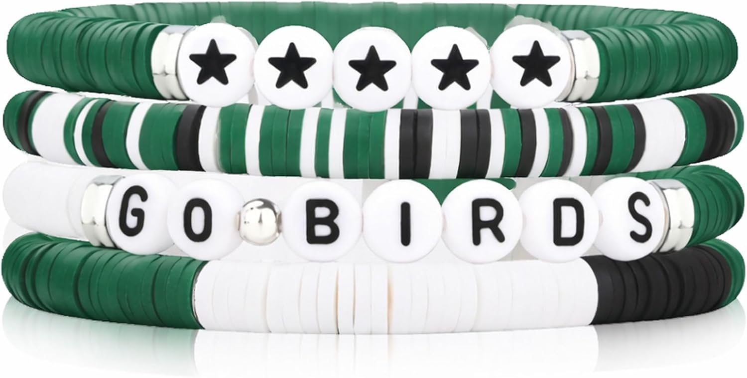 Game Day Bracelet Set for Football Fans – “Go Birds” Green White Black Stackable Beaded Bracelets, Handmade Polymer Clay Stretch Team Color Bracelets, Sports Fan Jewelry Gift for Women & Teens