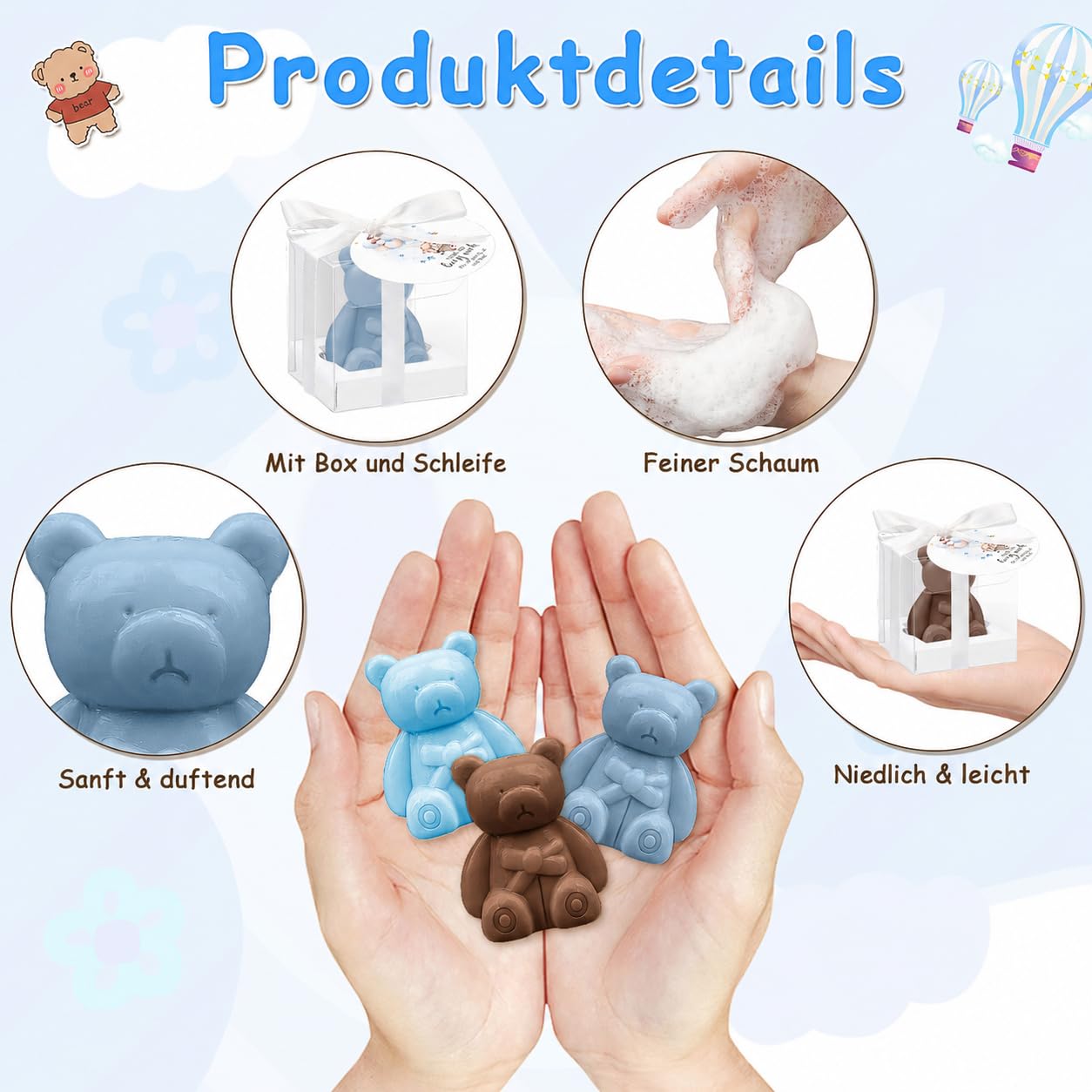 36 Stück Bärchen-Seifen Gastgeschenke, Mini-Seifen mit Geschenkbox & Dankeskarten, Duftseifen für Taufe, Hochzeit, Gender Reveal & Geburtstag– Blau & Braun