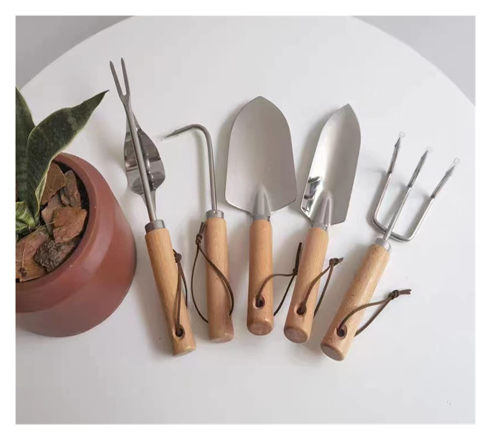 Garten-Blumentopfwerkzeuge, Gartenwerkzeug, Unkrautentferner, 3-teiliges Gartenwerkzeug-Set mit Holzgriffen, Kelle, Handverpflanzungsmaschine, Unkrautstecher und Gabel, aus Edelstahl (Color : E-5Pcs G