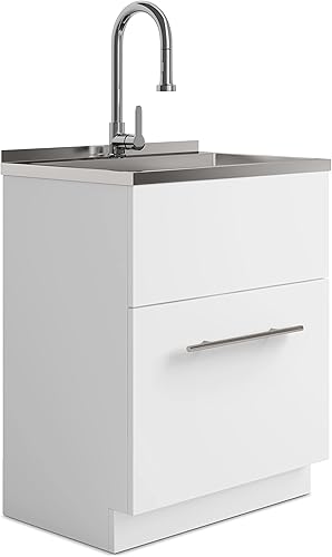 SIMPLIHOME Metro Modern - Armario de lavandería de 28 pulgadas con grifo y fregadero de acero inoxidable en color blanco, para lavadero y cuarto de