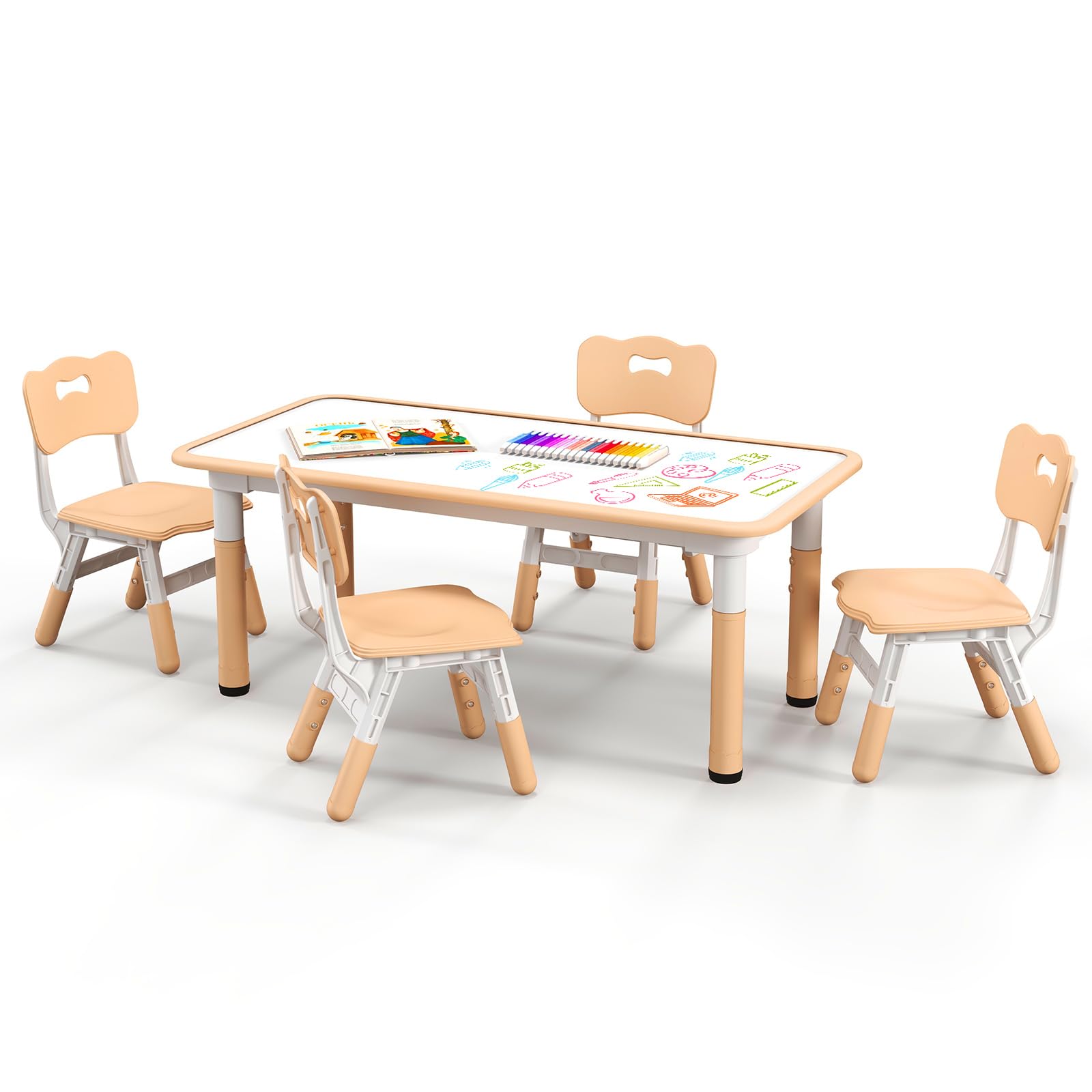 Kids Table and 4 Chairs Set, Height Adjustable Toddler Art Tables with Graffiti Desktop, 5-Piece Children Activity Furniture for Playroom, Daycare, School (Natural)