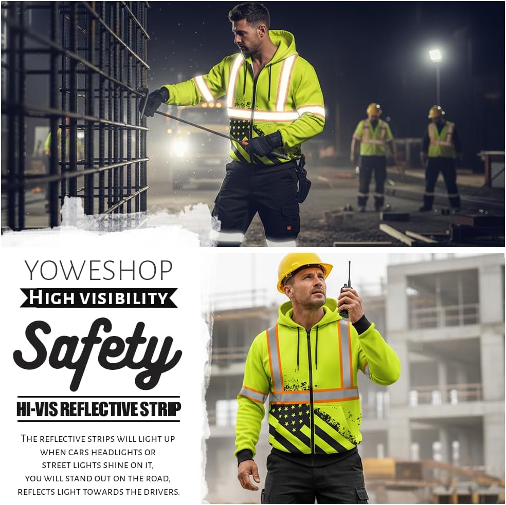 YOWESHOP High Visibility Safety Jacket Hoodie Customize Your Logo Hi-Vis Reflective Workwear with Pocket and Zipper