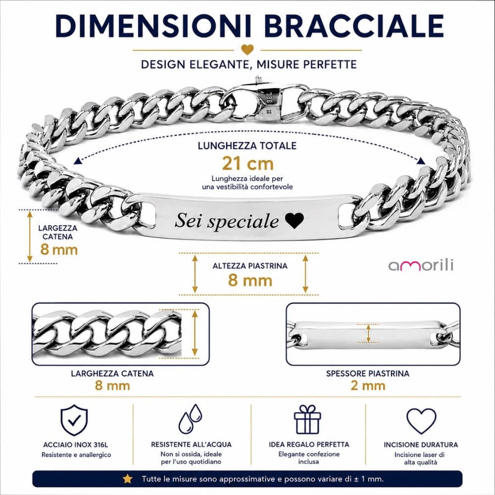 Bracciale Uomo Personalizzato con Incisione Acciaio Inox Maglia Cubana Grumetta – Braccialetto Catena Maschile con Nome Data Dedica – Design Elegante Regolabile – Idea Regalo Uomo bcc1031