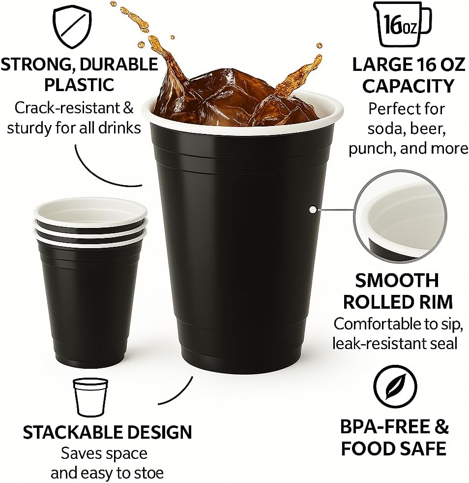Black Disposable Plastic 16 oz. Cups [100 Pack] - Durable Fun Pong Cups for Water, Beer, Smoothie Games