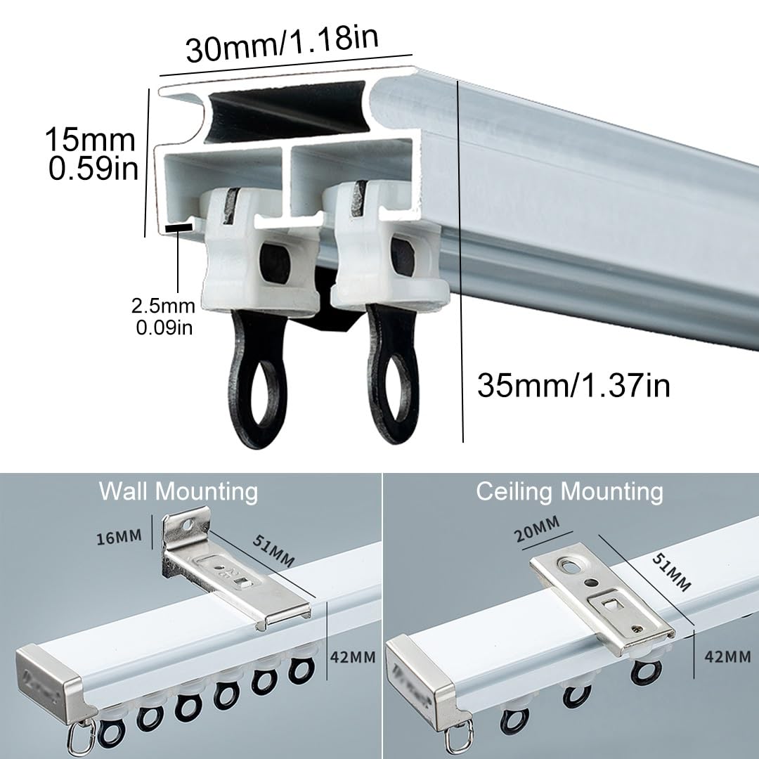 Tringle à Rideau, Rail à Rideau en Aluminium de 2,5 mm, système de Rail à Rideau Robuste à Montage au Plafond ou au Mur, Tringle à Rideau de séparation de pièce, Blanc 70-600 cm/2,2-19,6 Pie