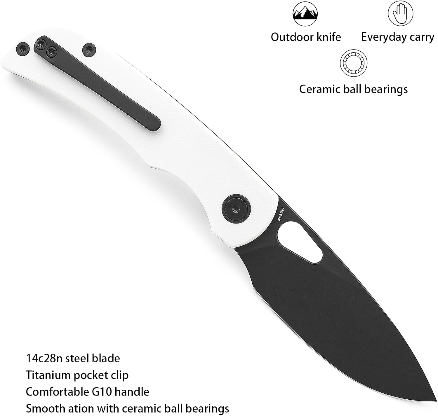 M Miguron Knives Moyarl Pocket Folding Knife,3.25" Black PVD 14c28n Blade White G10 Handle With Titanium Pocket Clip,Camping Hiking Knife MGR-806WH