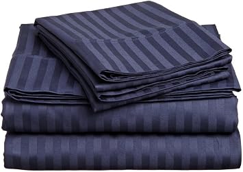 LaxLinen 300TC Super Soft Quality Egyptian Cotton 4PC Sheet Set 18" Inch Extra Deep Pocket Expanded Queen/Olympic Queen, Navy Blue Stripe 300-Thread Count