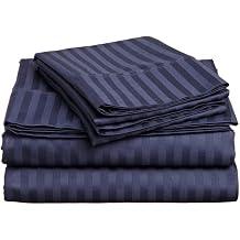 LaxLinen 300TC Super Soft Quality Egyptian Cotton 4PC Sheet Set 18" Inch Extra Deep Pocket Expanded Queen/Olympic Queen, Navy Blue Stripe 300-Thread Count