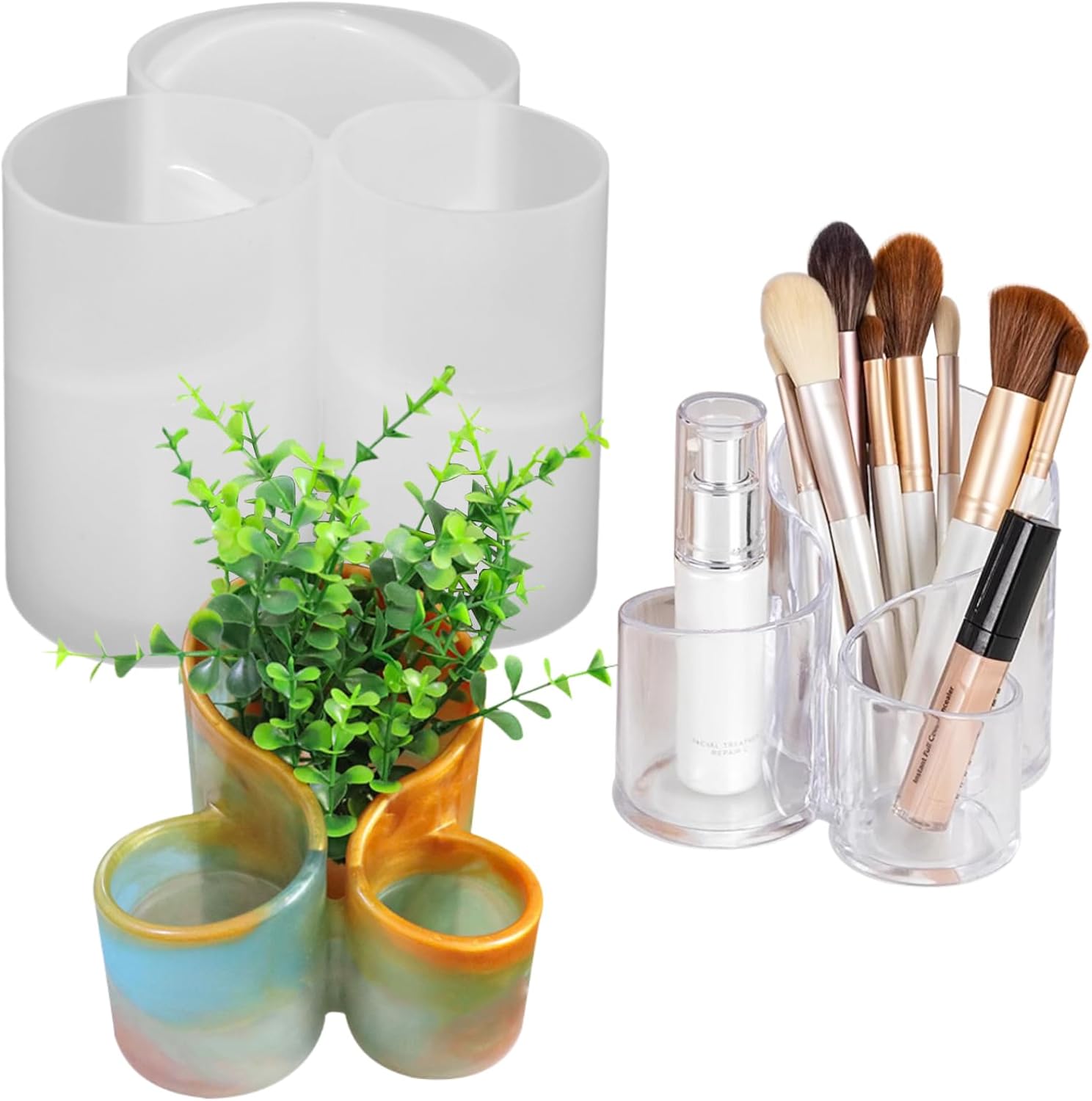 3-Slots Pen Holder Silicone Mold Elegant Makeup Organizer Trinket Container Epoxy Resin Mold Cosmetics Brush Storage Box Mould for Resin Clay Craft Making