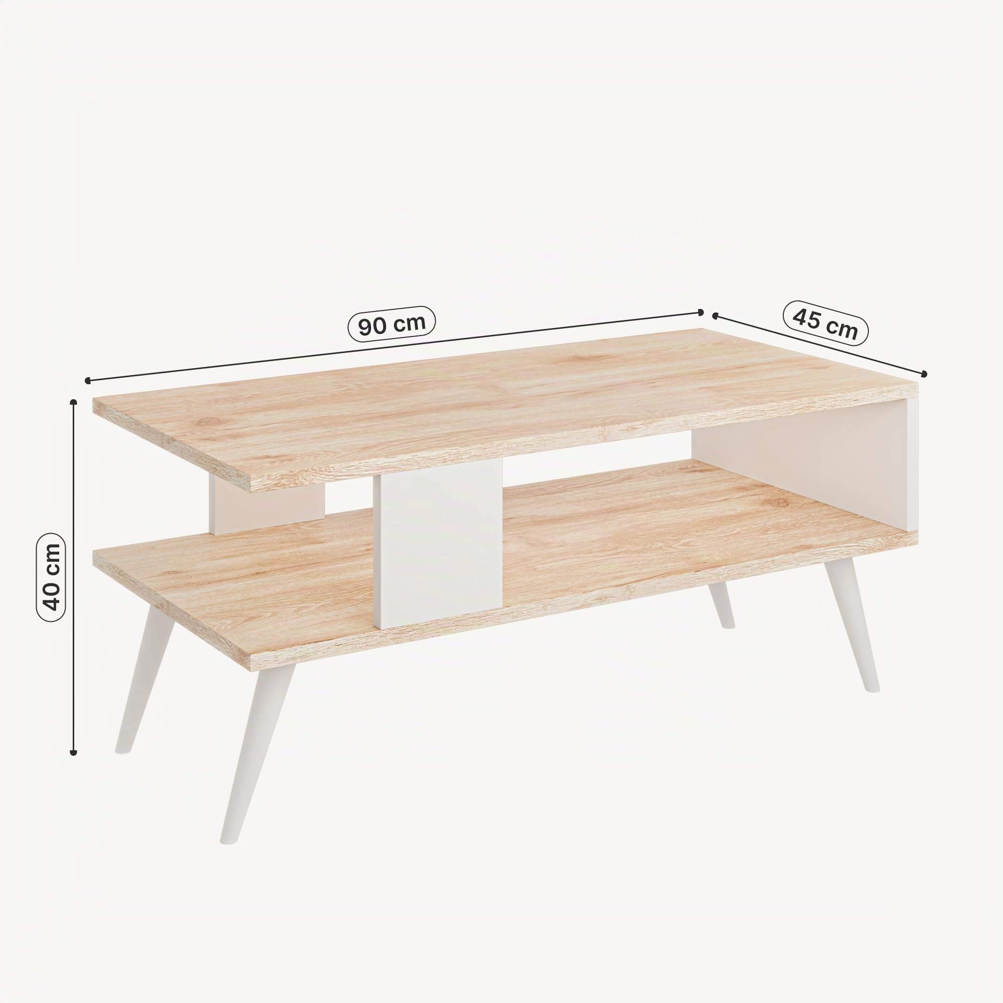 [en.casa] Tavolino Basso da Divano (AxLxP) 40 x 90 x 45 cm Tavolino da Salotto con Scomparto Semiaperto e 4 Piedini - Effetto Rovere/Bianco