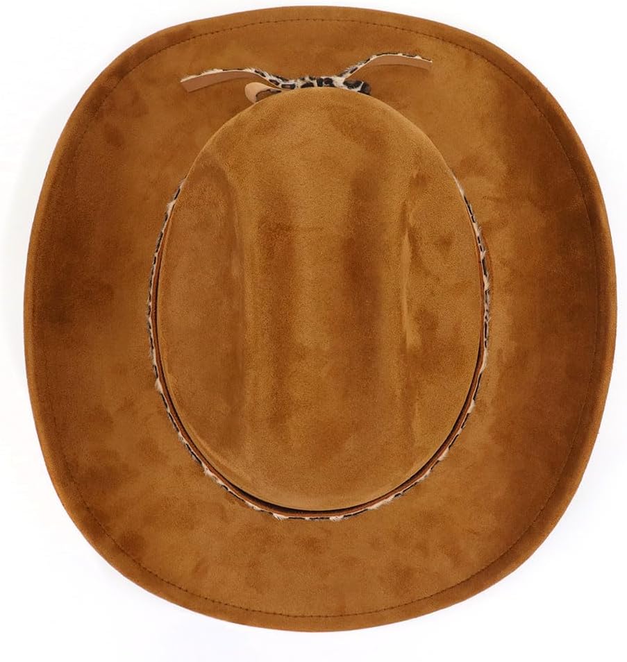 Classic Suede Cowboy Hat for Adult Wide Brim Western Cowgirl Hat Women Fedora Hat with Leopard Print Hatband - Image 8