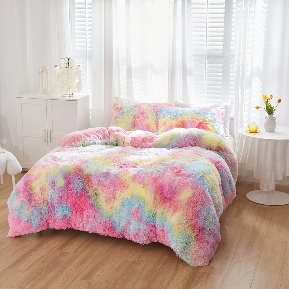 Winter Plüsch Bettwäsche 135x200 Regenbogen Bunt Plüsch Langhaar Bettbezug Set Weich Kuschelig Flauschige Bettwäsche 2 Teilig für Kinder Mädchen mit Reißverschluss und 80x80 cm Kissenbezug
