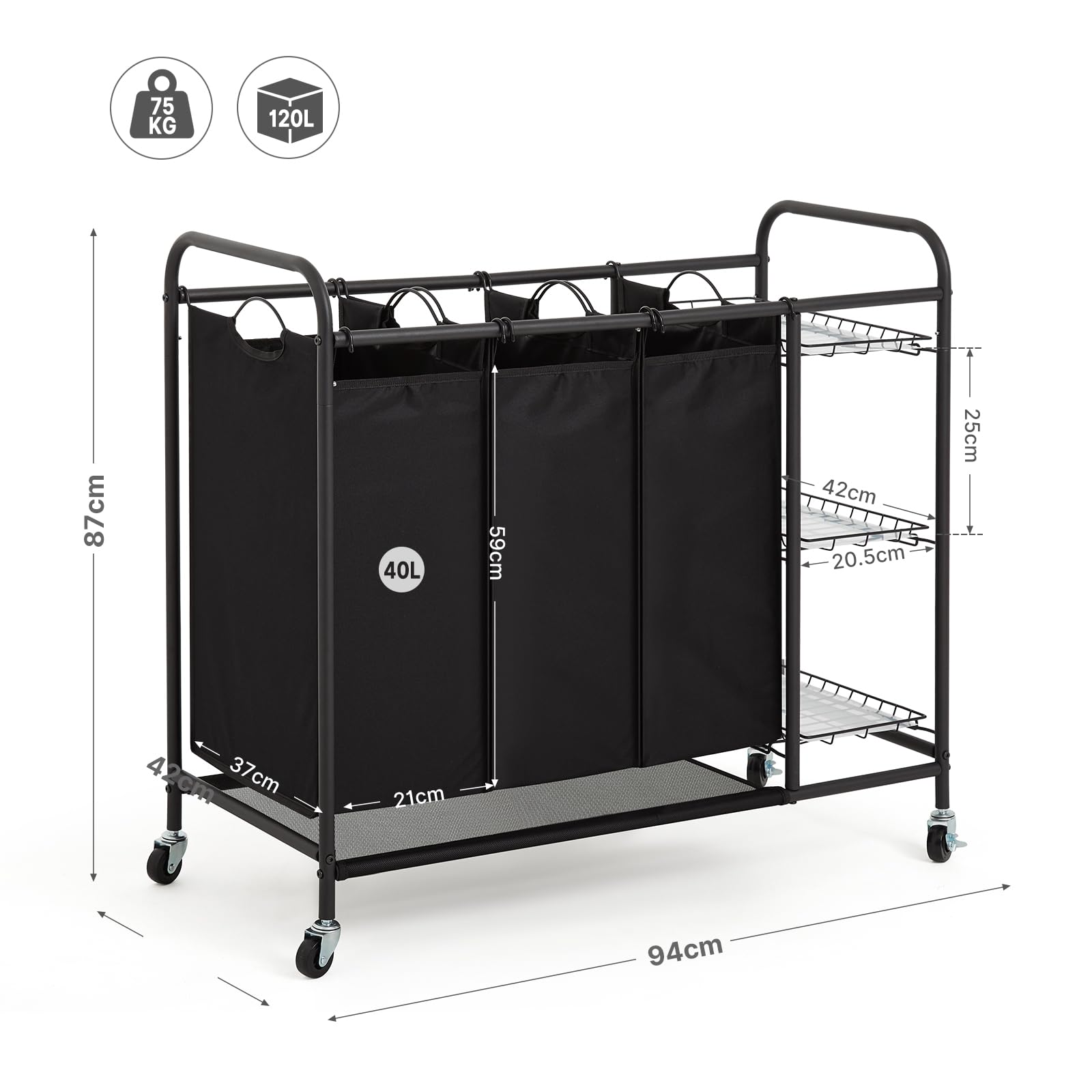 Meerveil Carrello Porta Biancheria con 3 Sacchi Rimovibili, Ceste per Bucato con Rotelle Universali