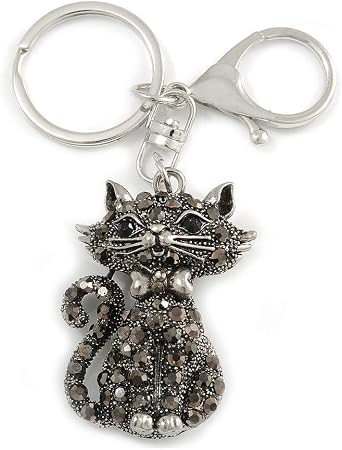 Avalaya Hematite Crystal Kitty Keyring/Bag Charm In Silver Tone - 11cm L