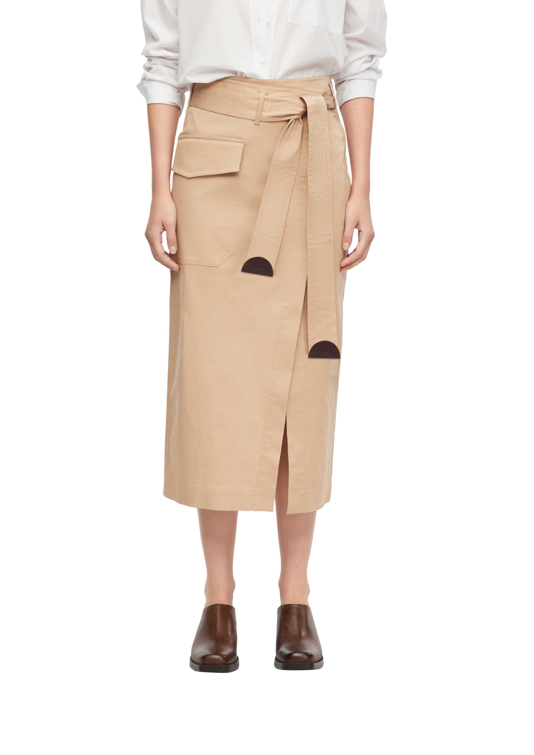 Comma Damen Rock – A-Shape, Midi-Länge, Wickeloptik, Bindegürtel – Für Business & Casual