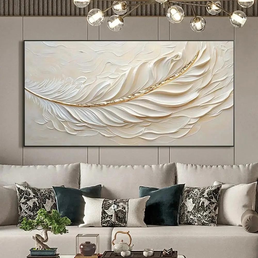 GOSRD Abstract Gold Accent Feather Painting On Canvas, Minimalist Art Neutral Tone Elegant Wall Decor Modern Home Decoration(60x80CM/Frameless)