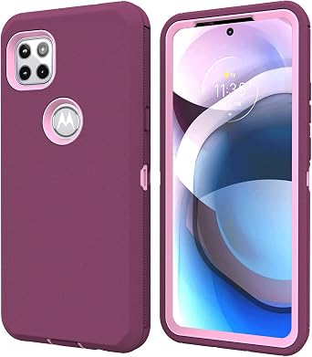 for Moto One 5G Ace Case with Screen Protector, Rugged Triple Layer Shockproof Drop/Dust-Proof Bumper Heavy Duty Hybrid Protective Phone Case Cover for Motorola Moto One 5G Ace Wine/Pink
