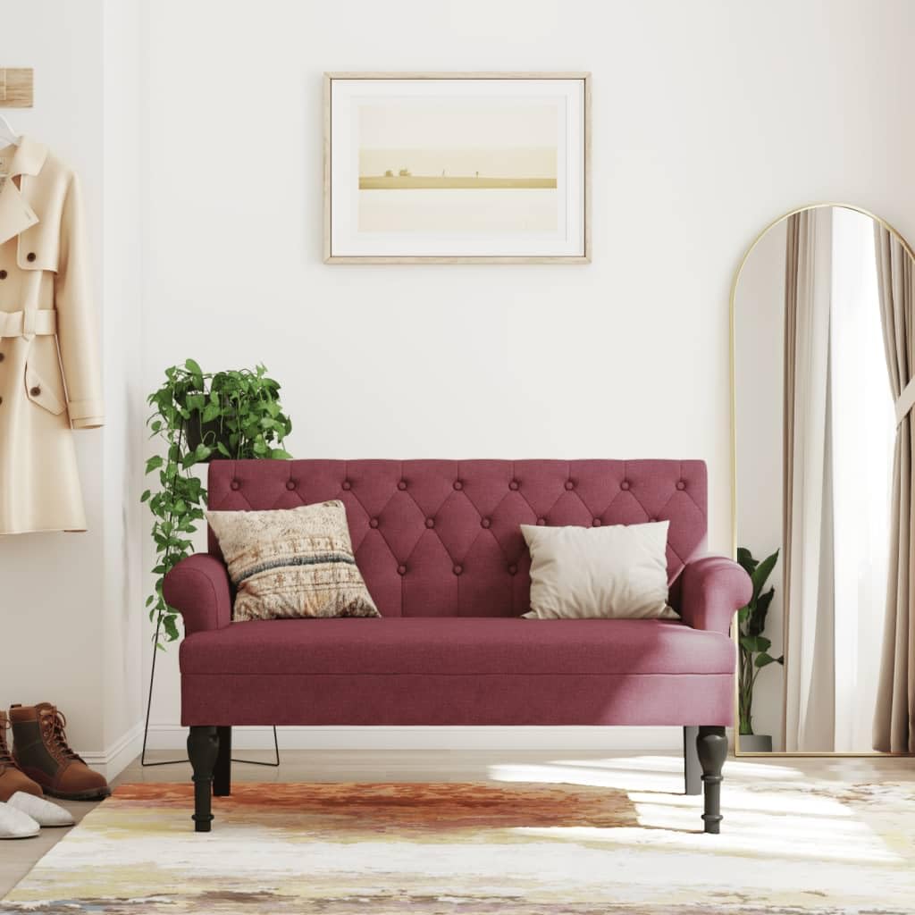 Banco con respaldo, color rojo vino, 120 x 62 x 75 cm, tela, asiento acolchado grueso, costuras con botones, reposabrazos redondeados, patas de madera de caucho maciza, estable