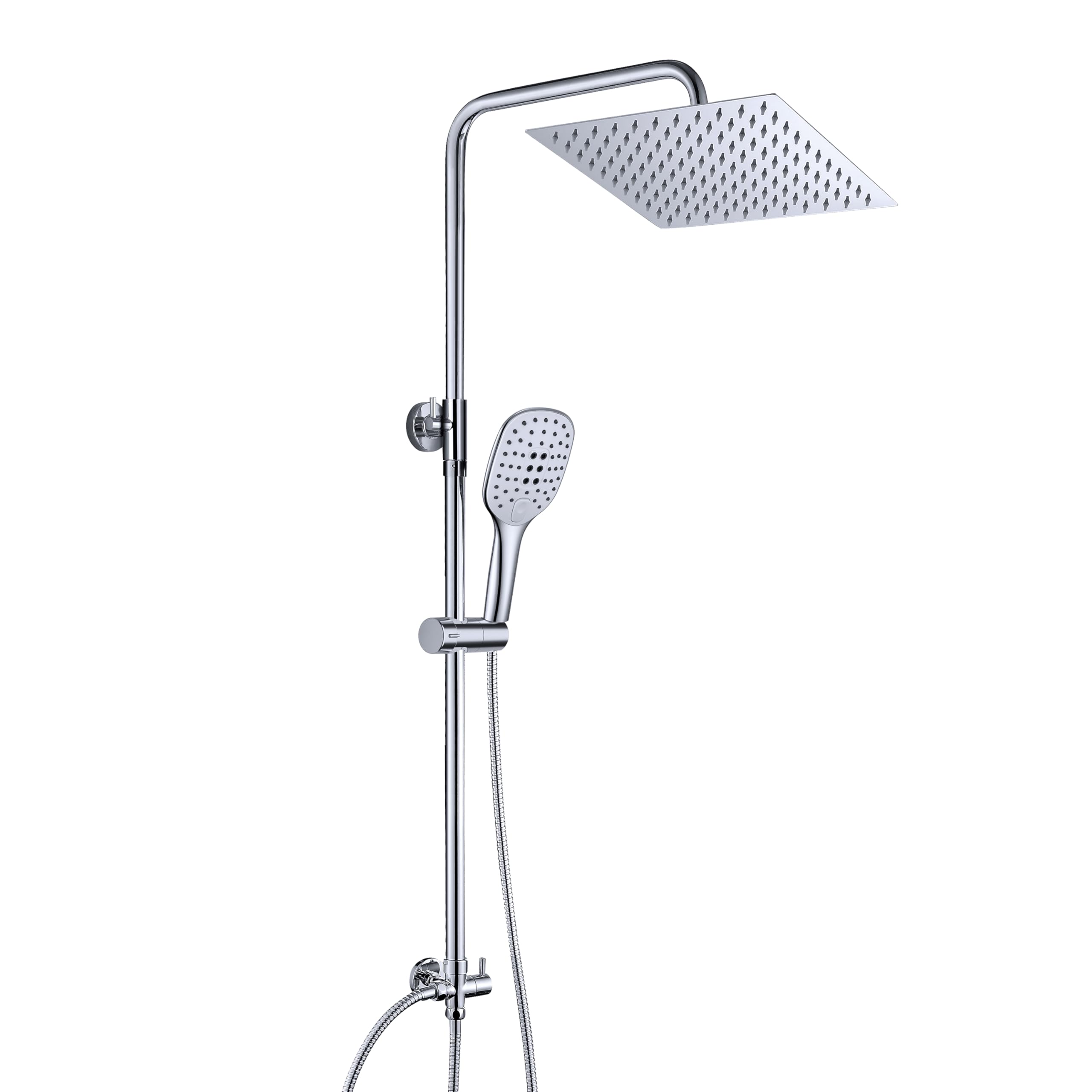 JOHO Shower Set in Stainless Steel 304 with Bathroom Shower System with Shower Bracket Adjustable Height Shower Bar Column with Overhead Rainfall Shower Angle Adjustable Chrome 25x25cm.