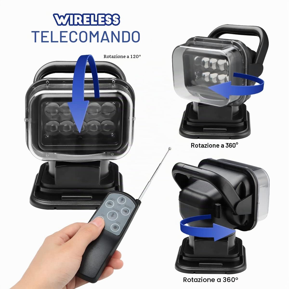 MARCHFA Faro da ricerca Led luce da lavoro telecomandato con piede magnetico luce da ricerca Chip Cree resistente alle intemperie ruotabile per auto offroad caccia barca giardino 50 W DC 12 V