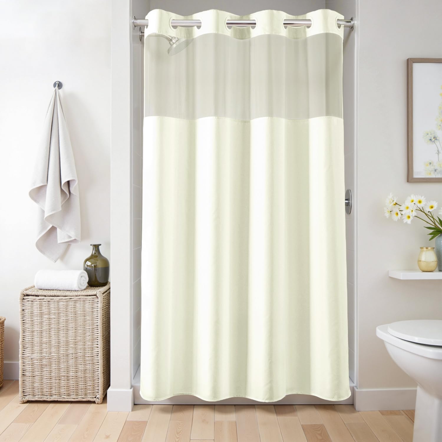 River Dream No Hook Fabric Shower Curtain or Liner with Sheer Window, No Liner Included or Needed, Water Repellent, Machine Washable (Beige, 54" Wx80"L)