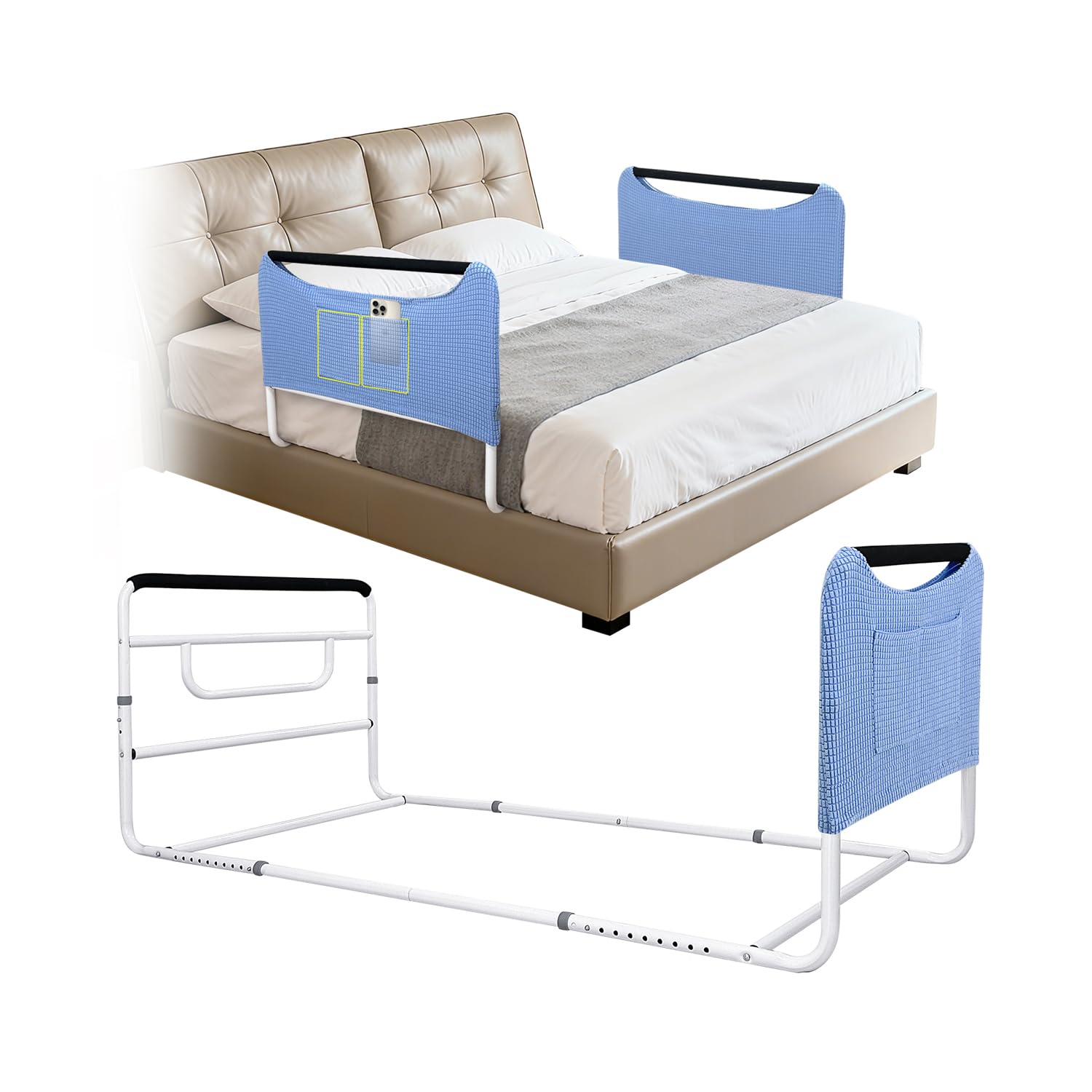 Mybow Bed Railings for Seniors, Adjustable Bed Assist Rails, Medical Safety Handrails for Elderly Adults, Under Mattress Bedrail for Queen, Full &