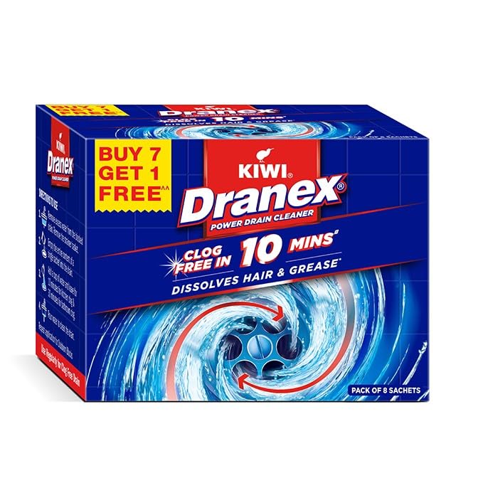 Image of Kiwi Dranex Drain Cleaner Powder | India's No.1 Drain Expert | Fast Action Formula Clears Grease, Hair, Food Blockages in 30 Min | Safe for Kitchen Sink, Wash Basin, Bathroom drain & Pipes |Pack of 8