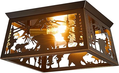 Feohak Lámpara rústica, lámpara de techo empotrada de 2 luces, con diseño de oso de metal, para exteriores, cabaña de troncos, para pasillo, porche,